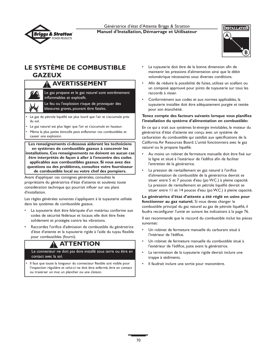 Briggs & Stratton Generator owner manual LE Système DE Combustible Gazeux Avertissement 