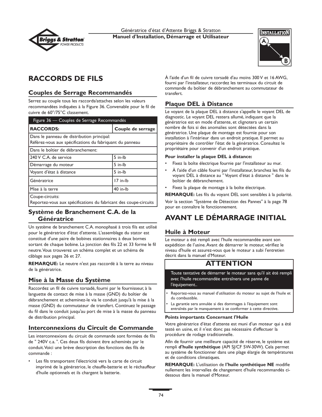 Briggs & Stratton Generator owner manual Raccords DE Fils, Avant LE Démarrage Initial 