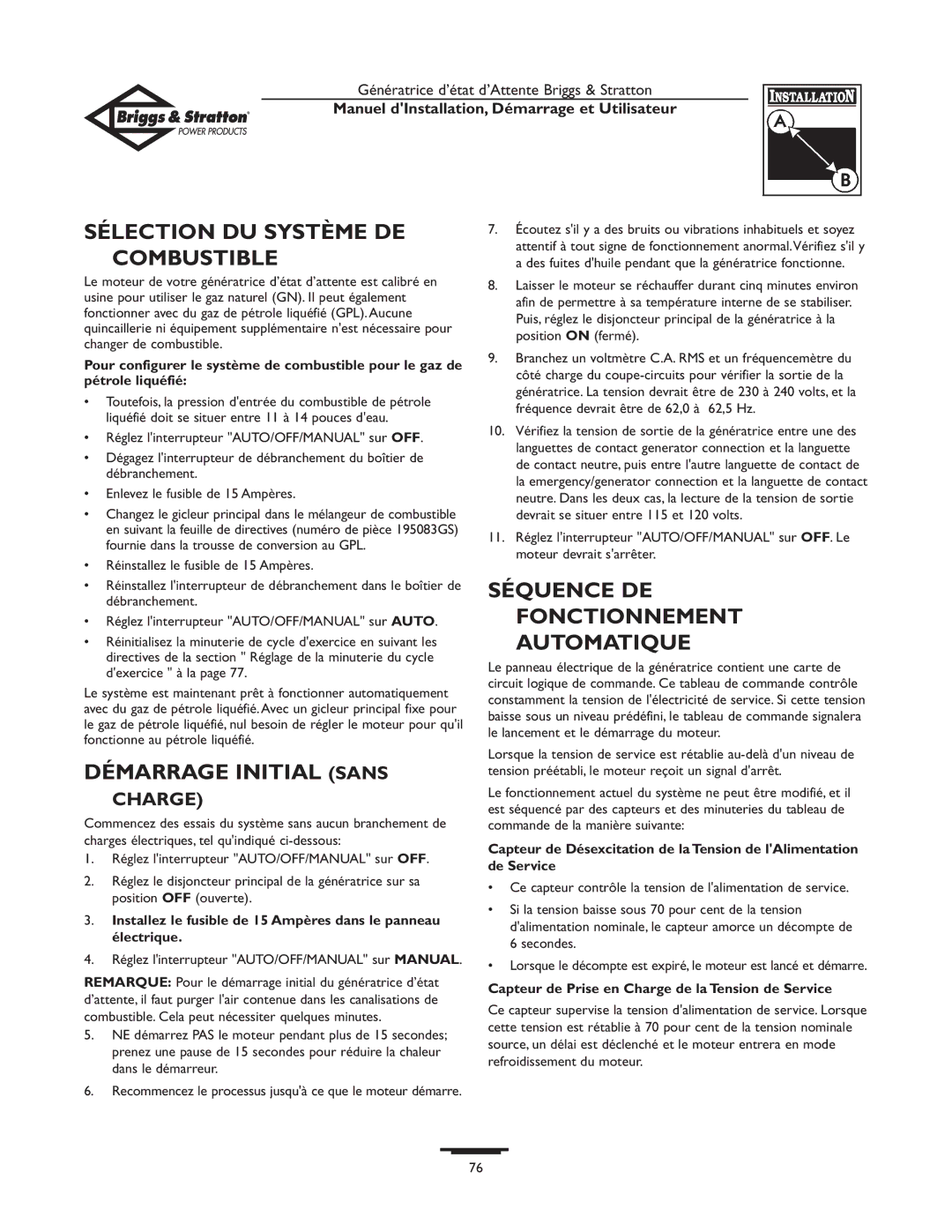 Briggs & Stratton Generator owner manual Sélection DU Système DE Combustible, Démarrage Initial Sans 