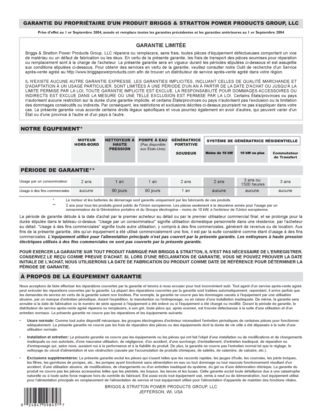 Briggs & Stratton Generator owner manual Garantie Limitée 