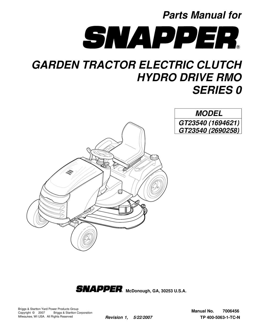 Briggs & Stratton GT23540 (2690258), GT23540 (1694621) manual Garden Tractor Electric Clutch Hydro Drive RMO Series 