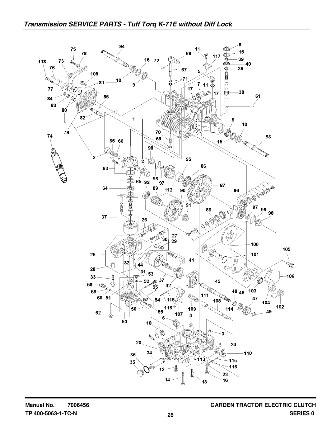 Briggs & Stratton GT23540 (1694621), GT23540 (2690258) manual Transmission Service Parts Tuff Torq K-71E without Diff Lock 