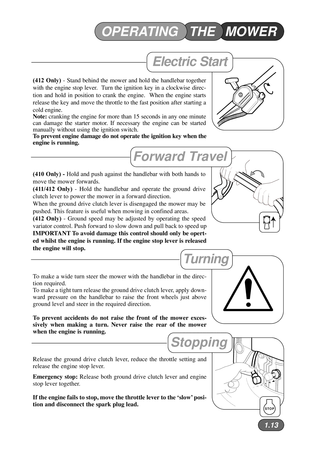 Briggs & Stratton Harrier 41 manual Electric Start, Forward Travel, Turning, Stopping 