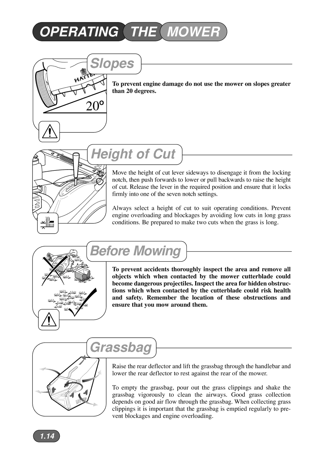 Briggs & Stratton Harrier 41 manual Slopes, Height of Cut, Before Mowing, Grassbag 