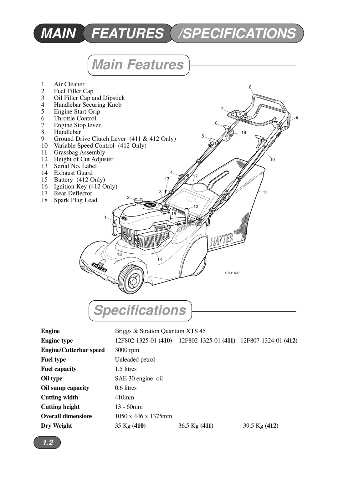 Briggs & Stratton Harrier 41 manual Main Features /SPECIFICATIONS, Specifications 