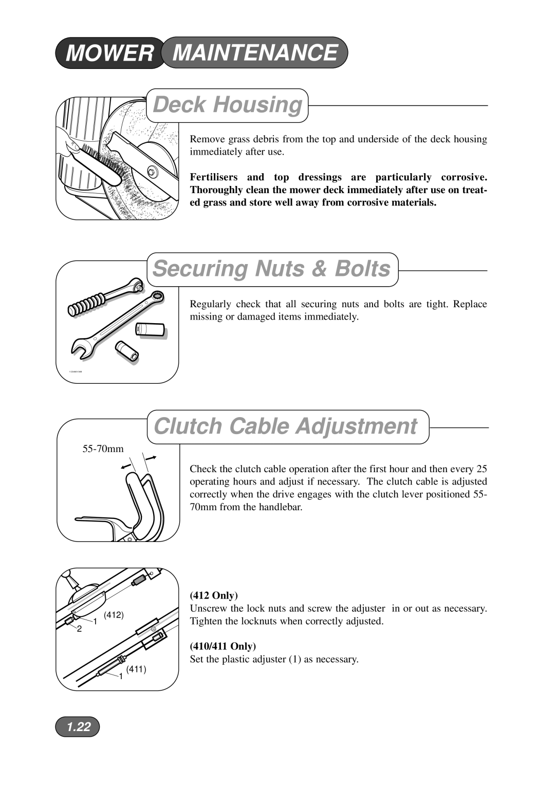 Briggs & Stratton Harrier 41 manual Deck Housing, Securing Nuts & Bolts, Clutch Cable Adjustment 