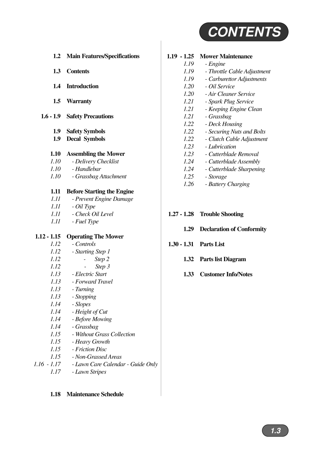 Briggs & Stratton Harrier 41 manual Contents 