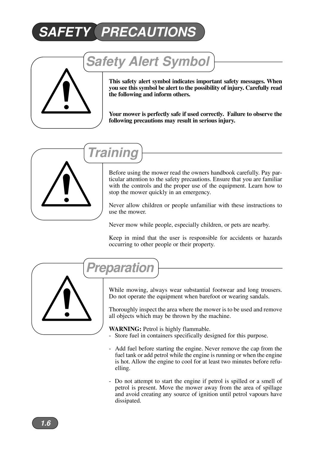 Briggs & Stratton Harrier 41 manual Safety Precautions, Safety Alert Symbol, Training, Preparation 