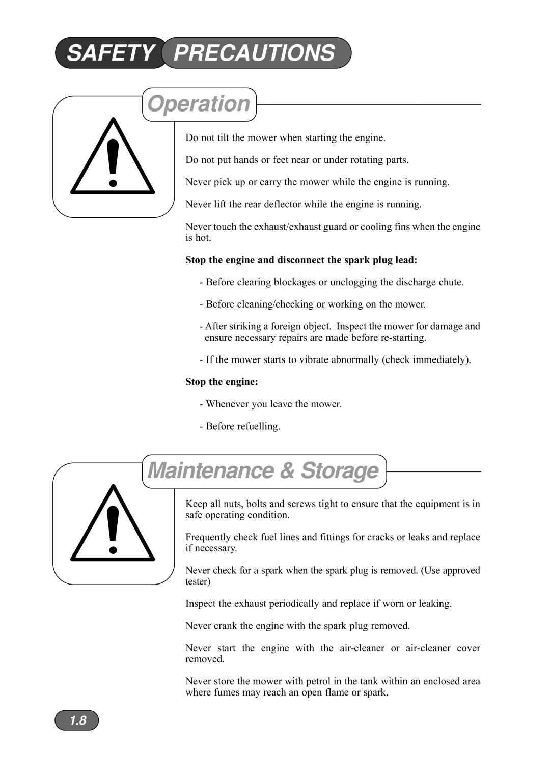 Briggs & Stratton Harrier 41 manual Maintenance & Storage, Stop the engine and disconnect the spark plug lead 