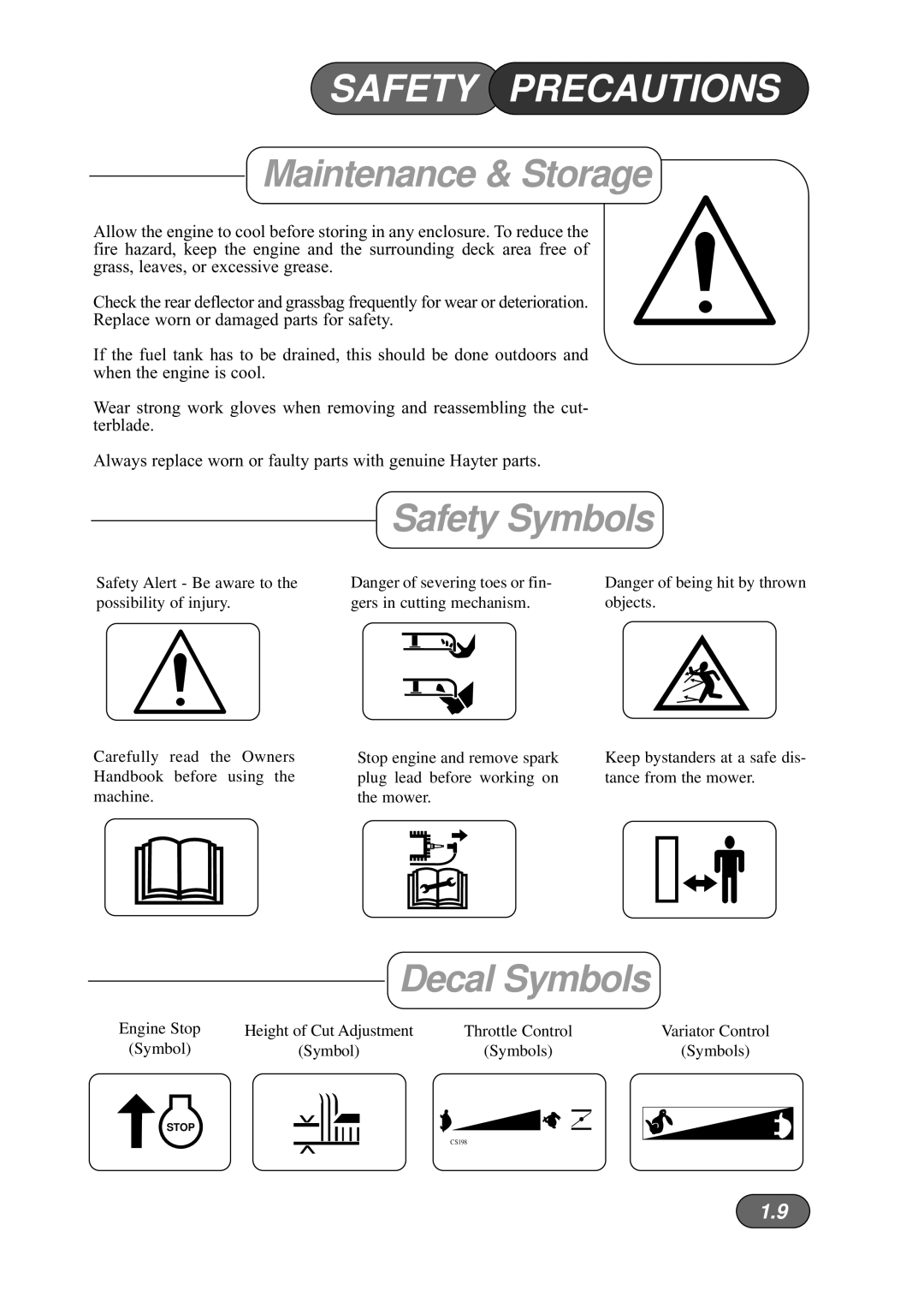 Briggs & Stratton Harrier 41 manual Safety Symbols, Decal Symbols 