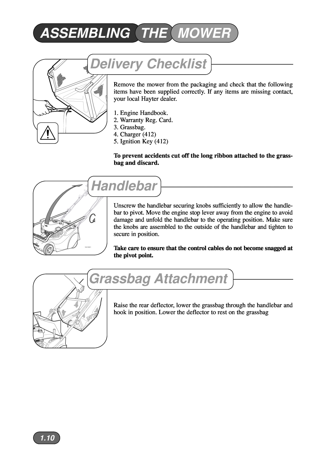 Briggs & Stratton Harrier 41 manual Assembling The Mower, Delivery Checklist, Grassbag Attachment, 1.10, Handlebar 