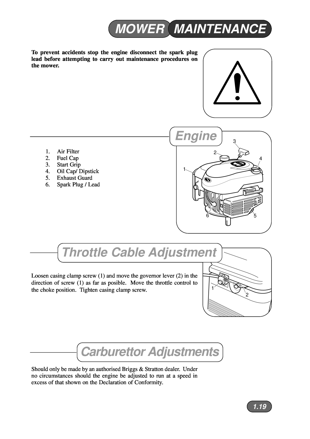 Briggs & Stratton Harrier 41 manual Mower Maintenance, Engine, Throttle Cable Adjustment, Carburettor Adjustments, 1.19 