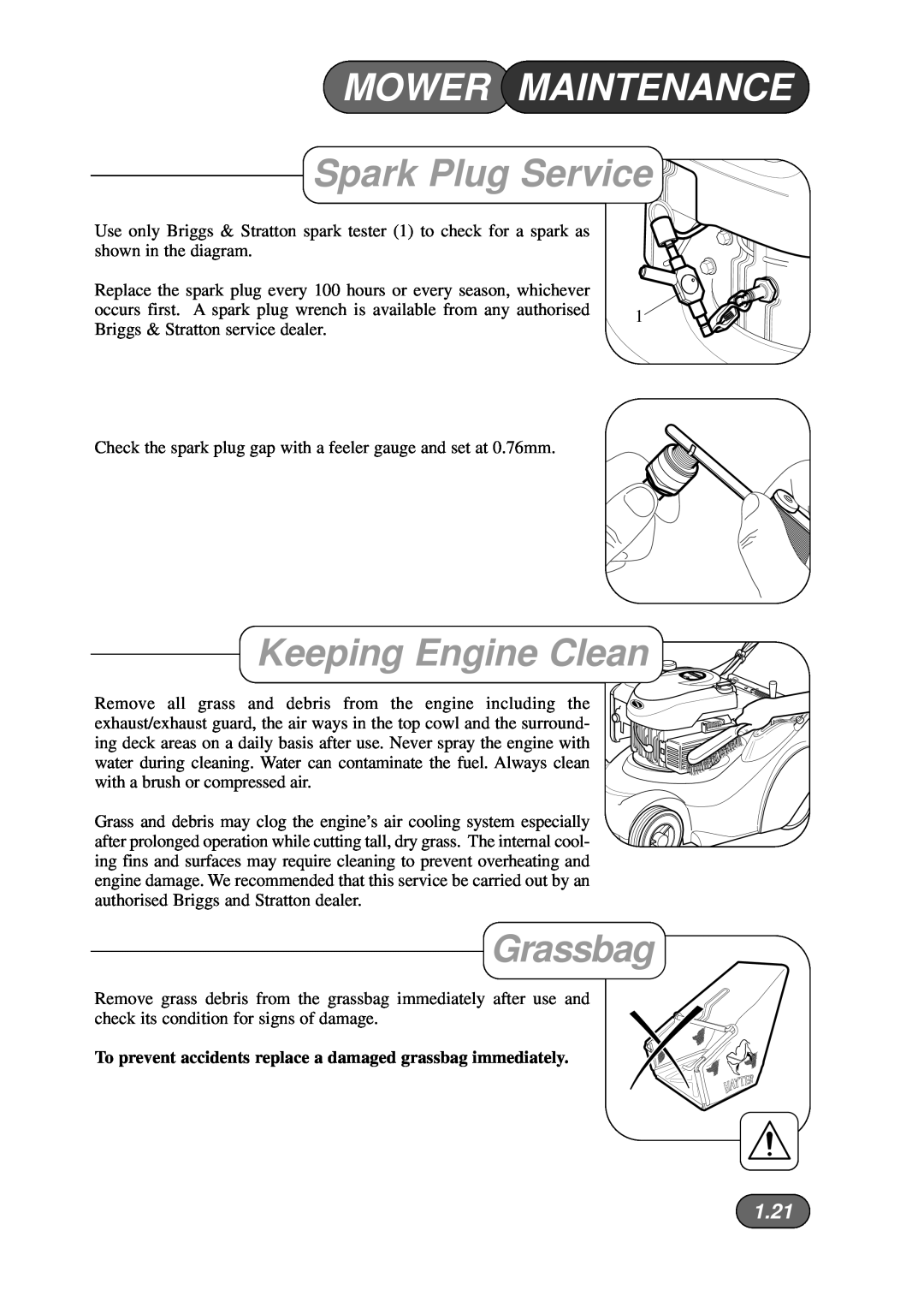 Briggs & Stratton Harrier 41 manual Spark Plug Service, Keeping Engine Clean, 1.21, Mower Maintenance, Grassbag 