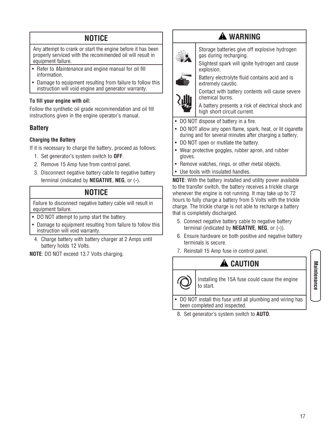 Briggs & Stratton Home Generator manual To fill your engine with oil, Charging the Battery 