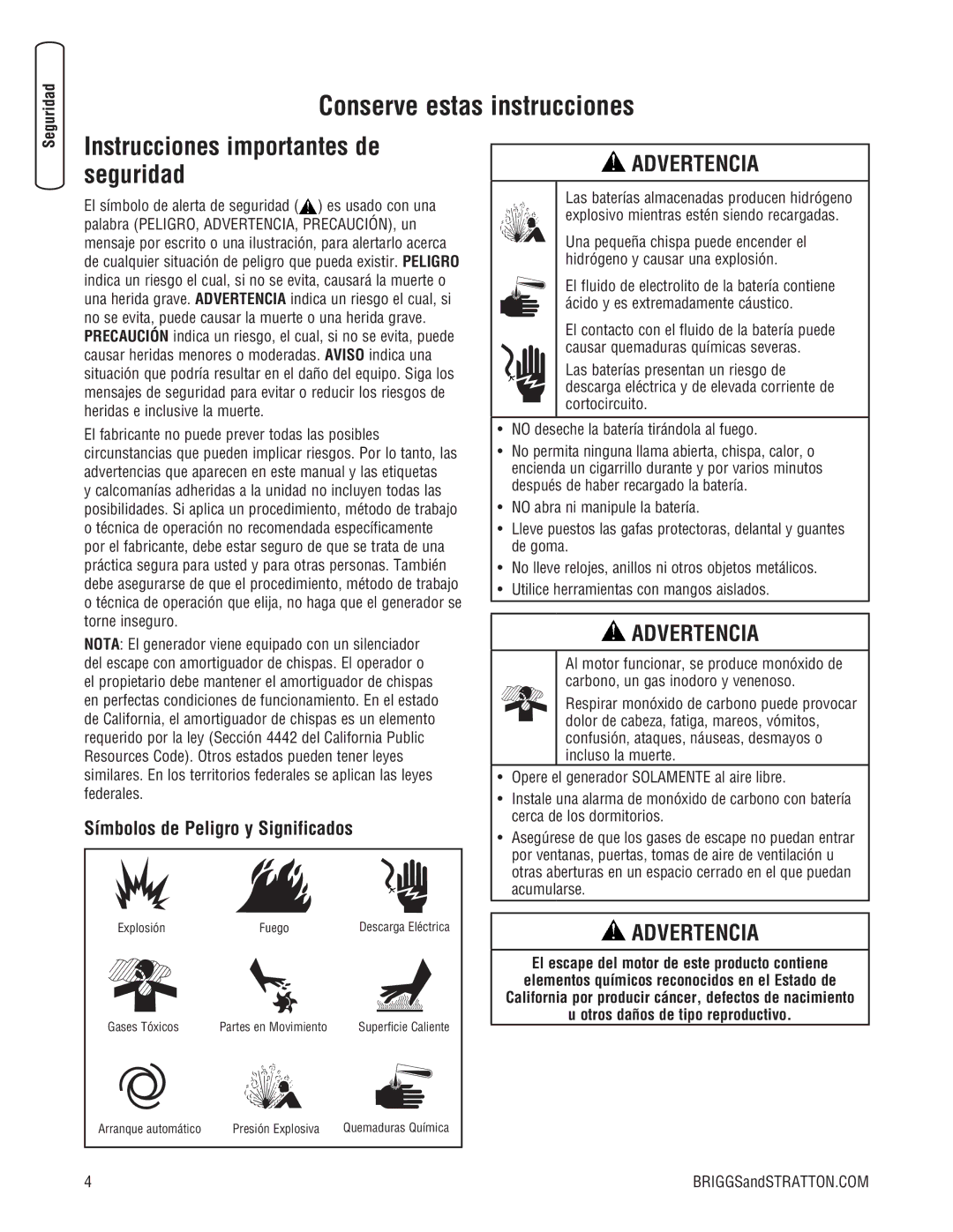 Briggs & Stratton Home Generator manual Conserve estas instrucciones, Símbolos de Peligro y Significados 