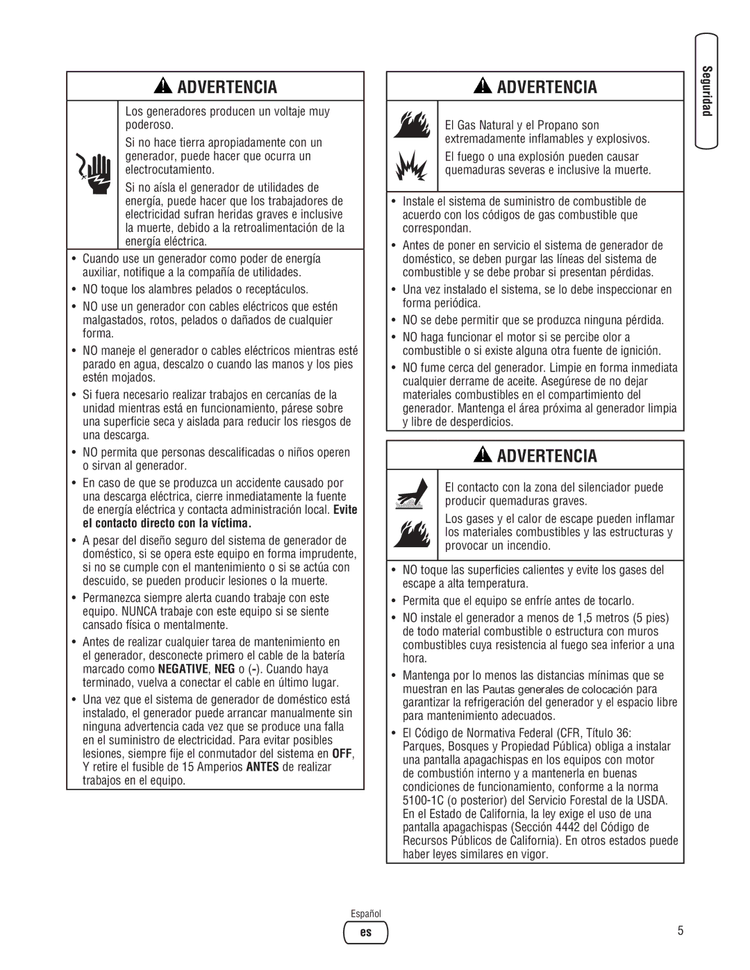 Briggs & Stratton Home Generator manual Advertencia 