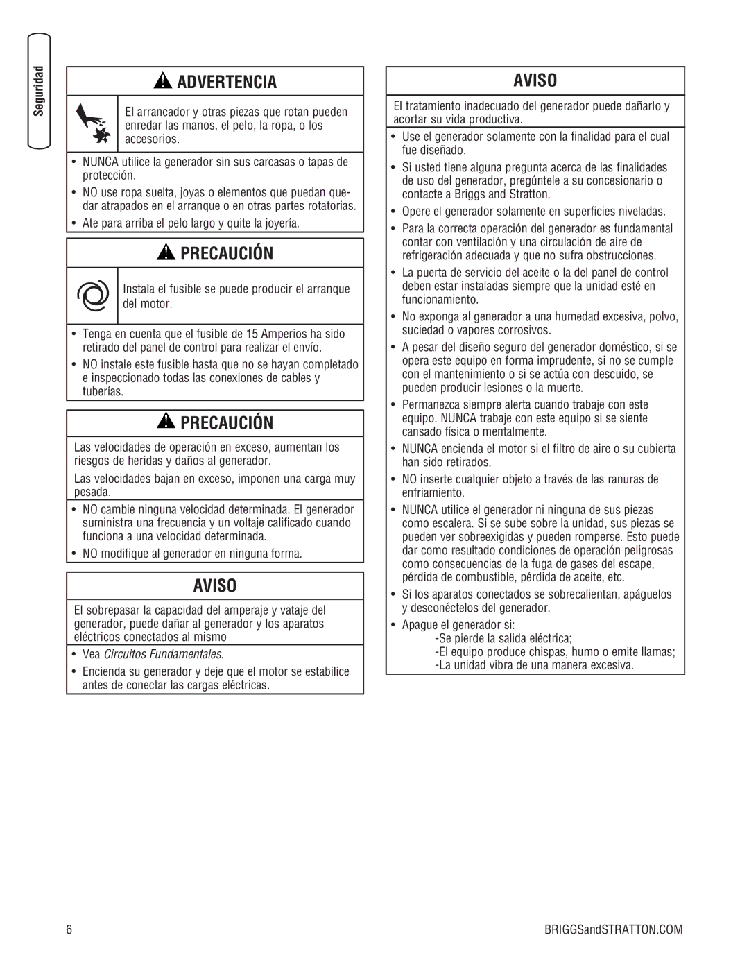 Briggs & Stratton Home Generator manual Precaución 