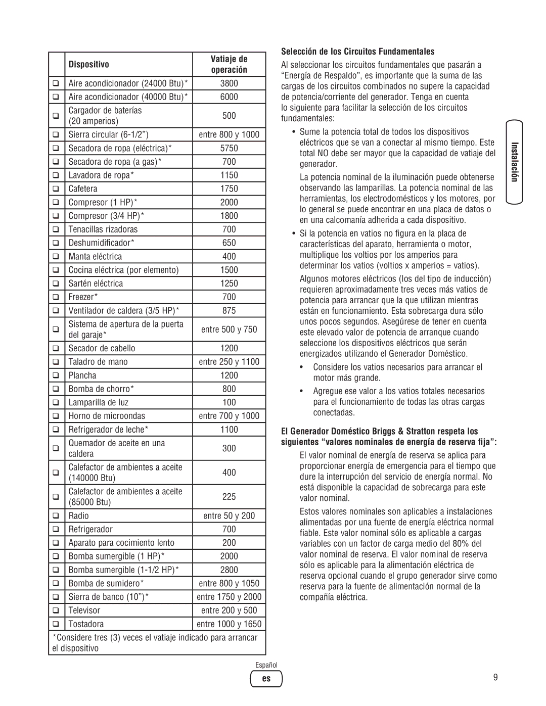 Briggs & Stratton Home Generator manual Dispositivo Vatiaje de, Selección de los Circuitos Fundamentales 