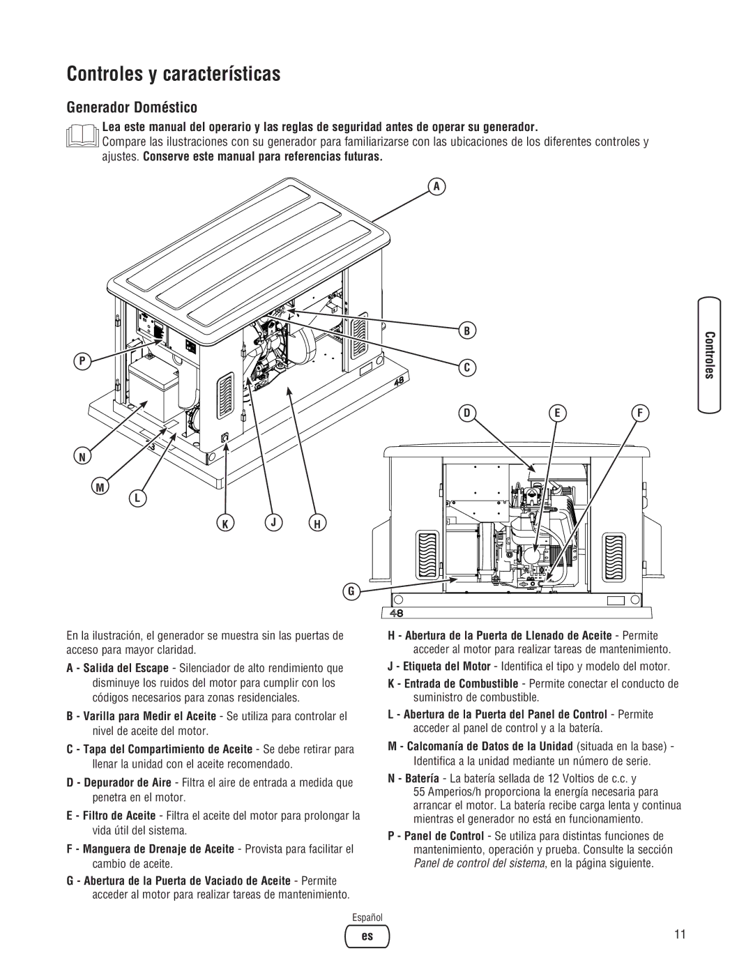 Briggs & Stratton Home Generator manual Controles y características, Generador Doméstico 