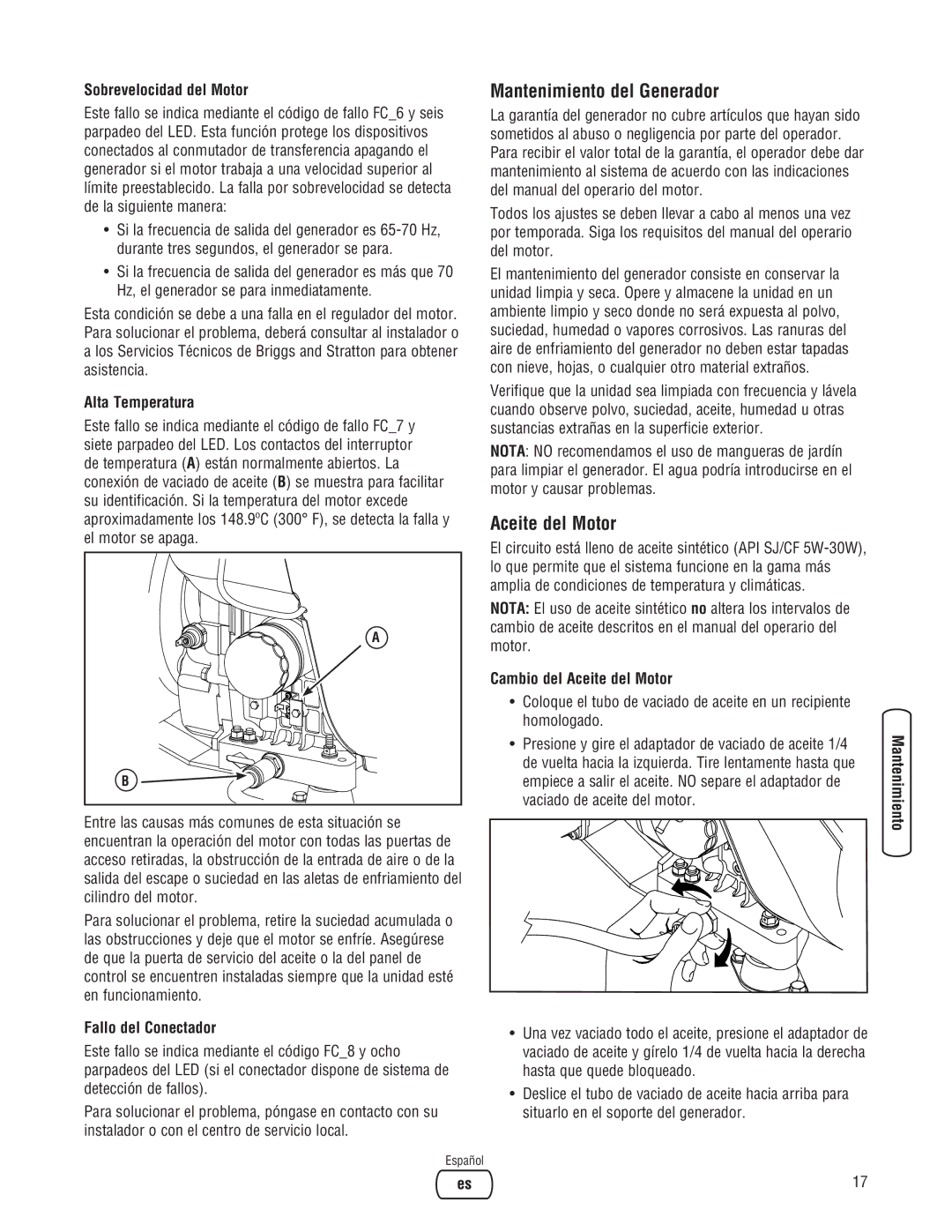 Briggs & Stratton Home Generator manual Mantenimiento del Generador, Aceite del Motor 