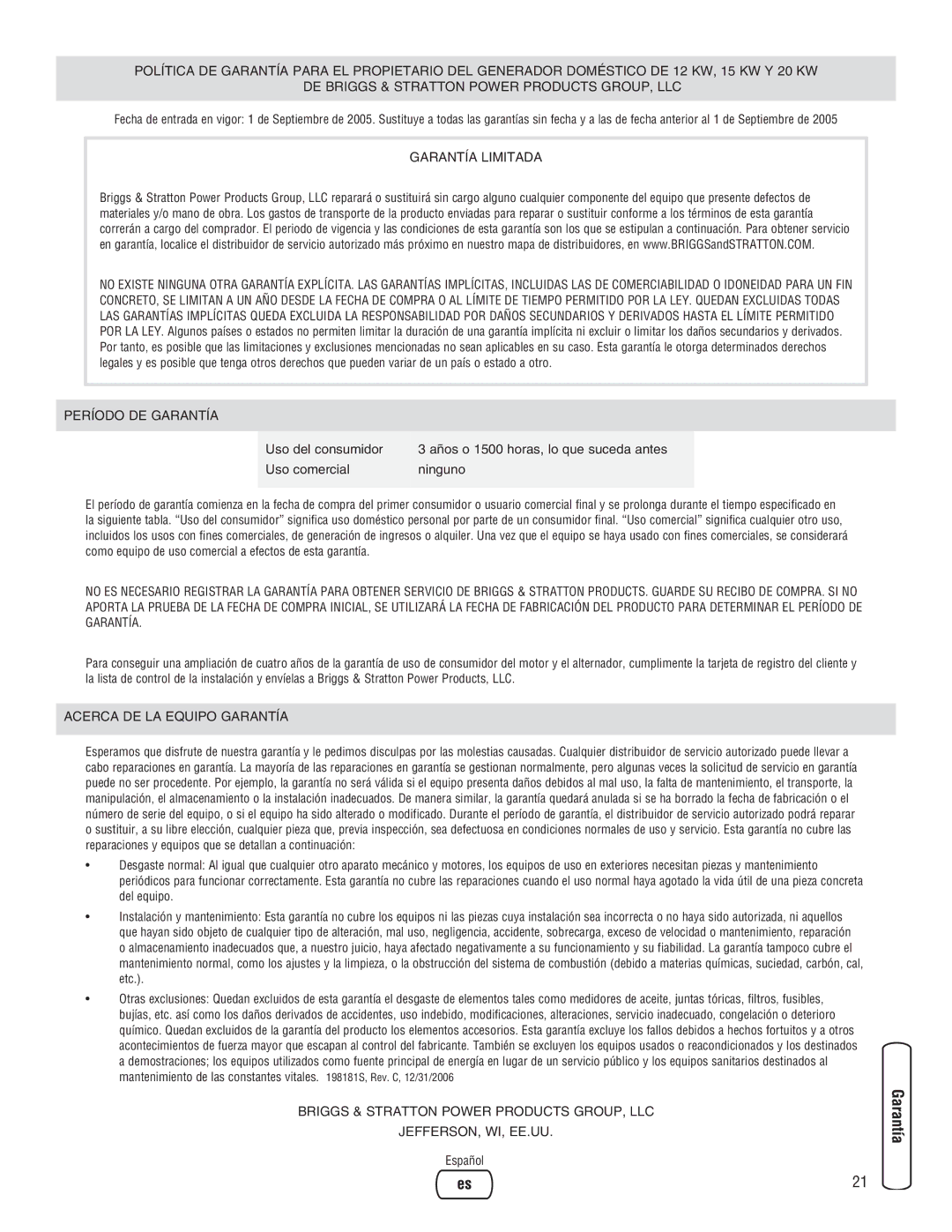 Briggs & Stratton Home Generator manual Garantía Limitada 