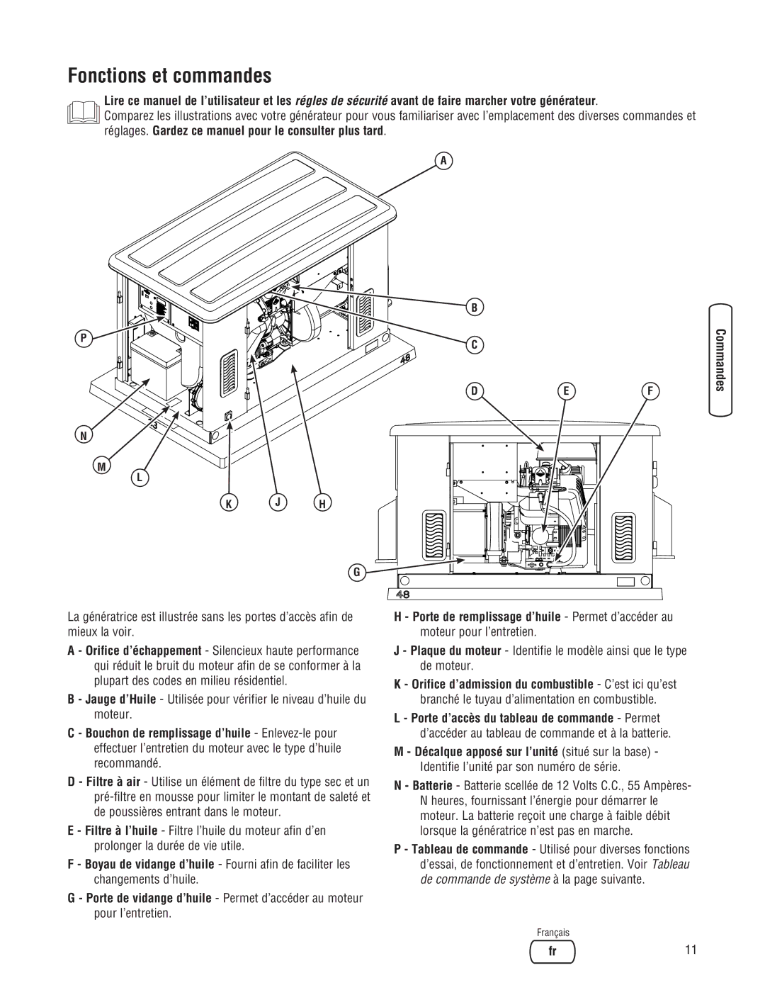 Briggs & Stratton Home Generator manual Fonctions et commandes, Sécurité Instalación Commandes Fonctionnement 