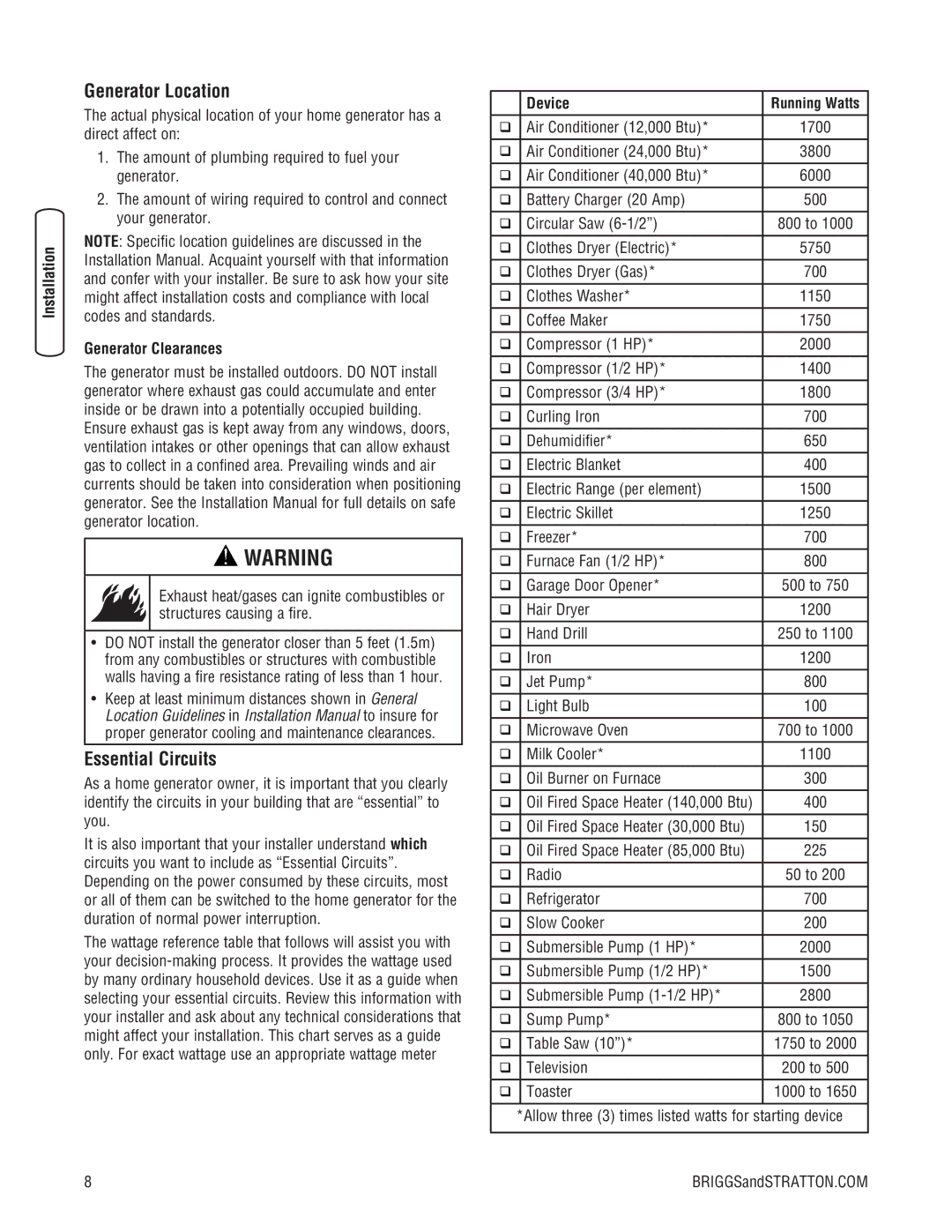 Briggs & Stratton Home Generator manual Generator Location, Essential Circuits 