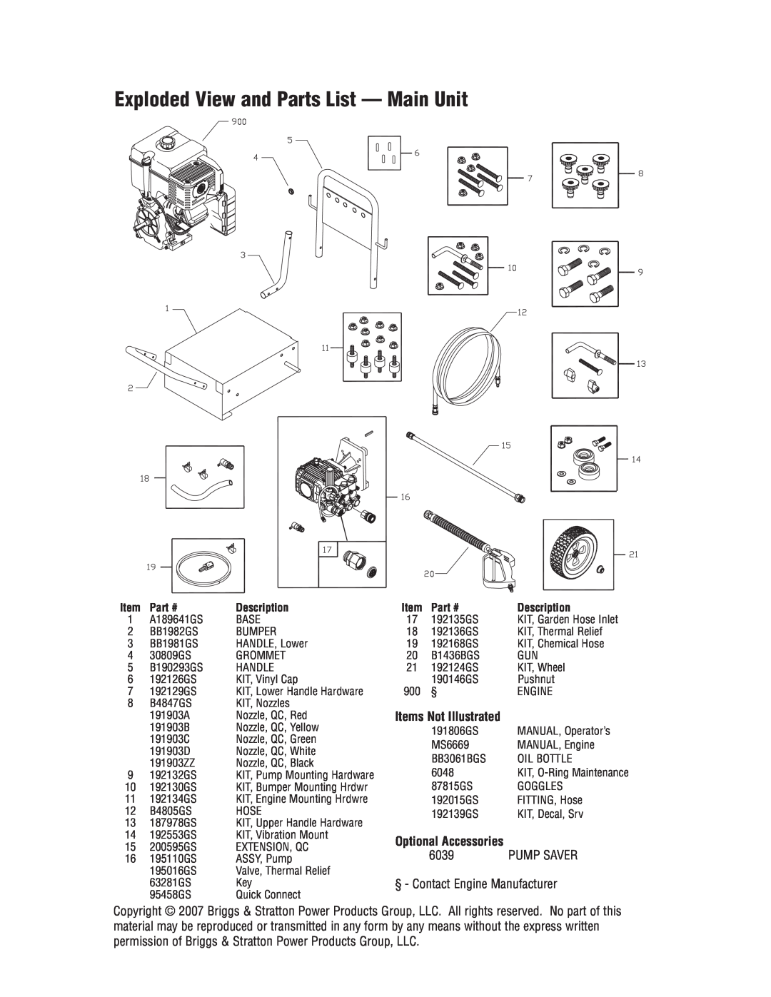 Briggs & Stratton HPP1780-0 Exploded View and Parts List - Main Unit, Description, Items Not Illustrated, 6039, Pump Saver 
