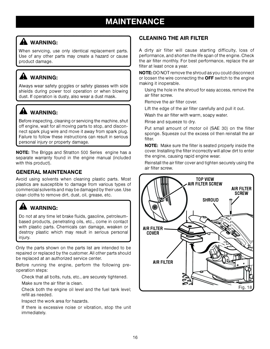 Briggs & Stratton HU80931 manual General Maintenance, Cleaning the AIR Filter, TOP View AIR Filter Screw Shroud Cover 