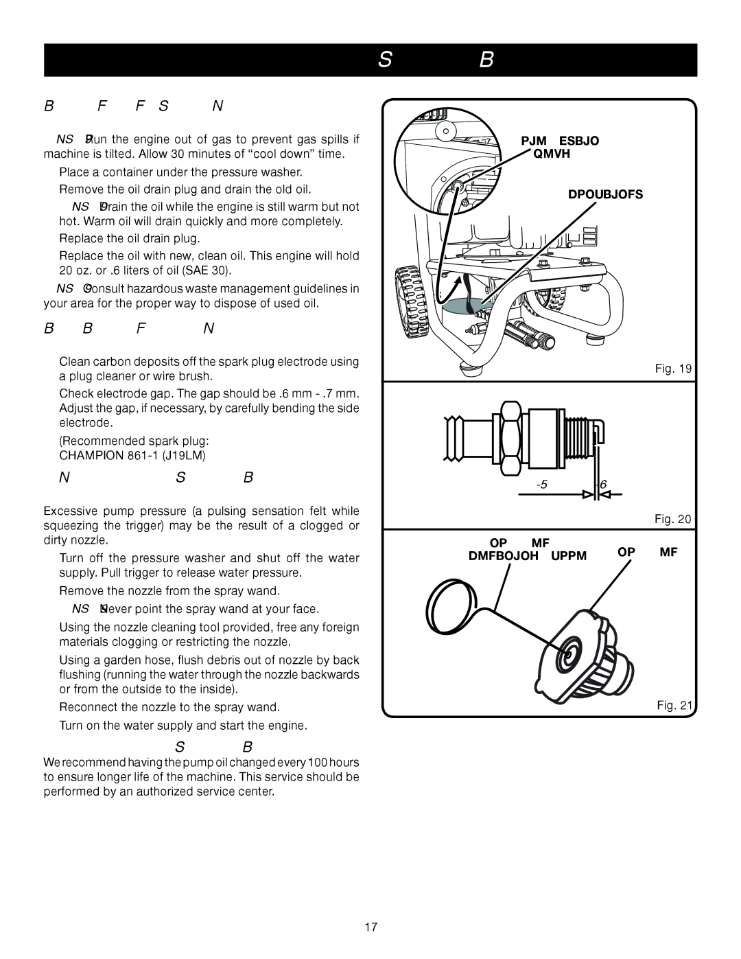 Briggs & Stratton HU80530, HU80931 Changing the OIL, Checking a Fouled Spark Plug, Nozzle Maintenance, Pump Maintenance 