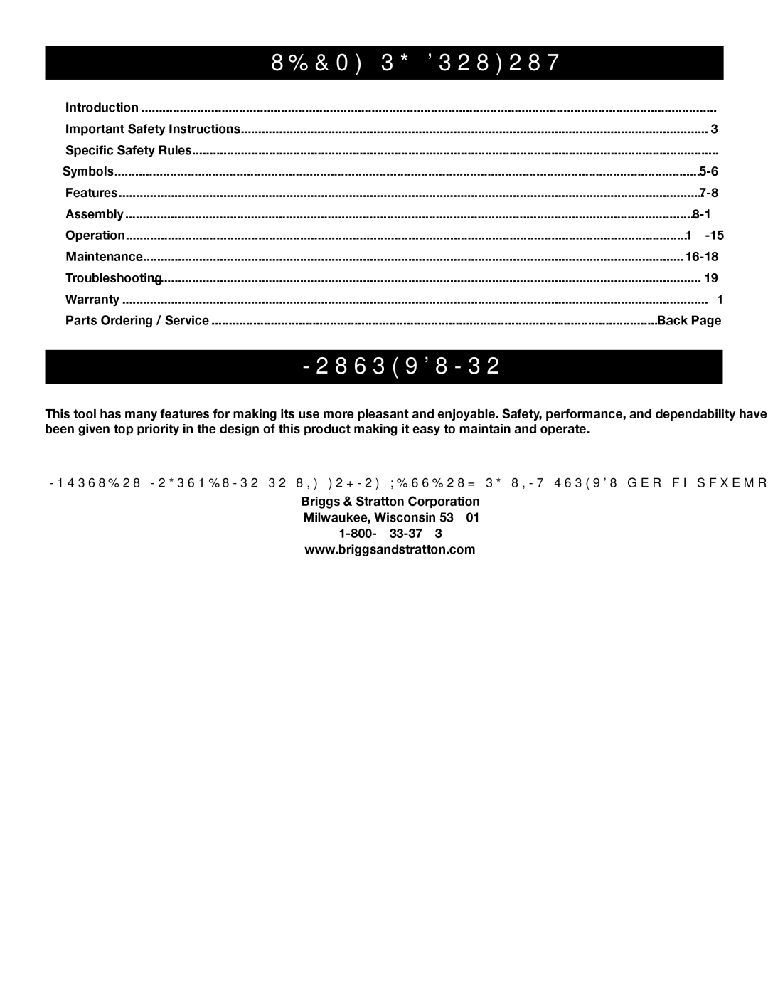 Briggs & Stratton HU80931, HU80530 manual Introduction, Table of Contents 