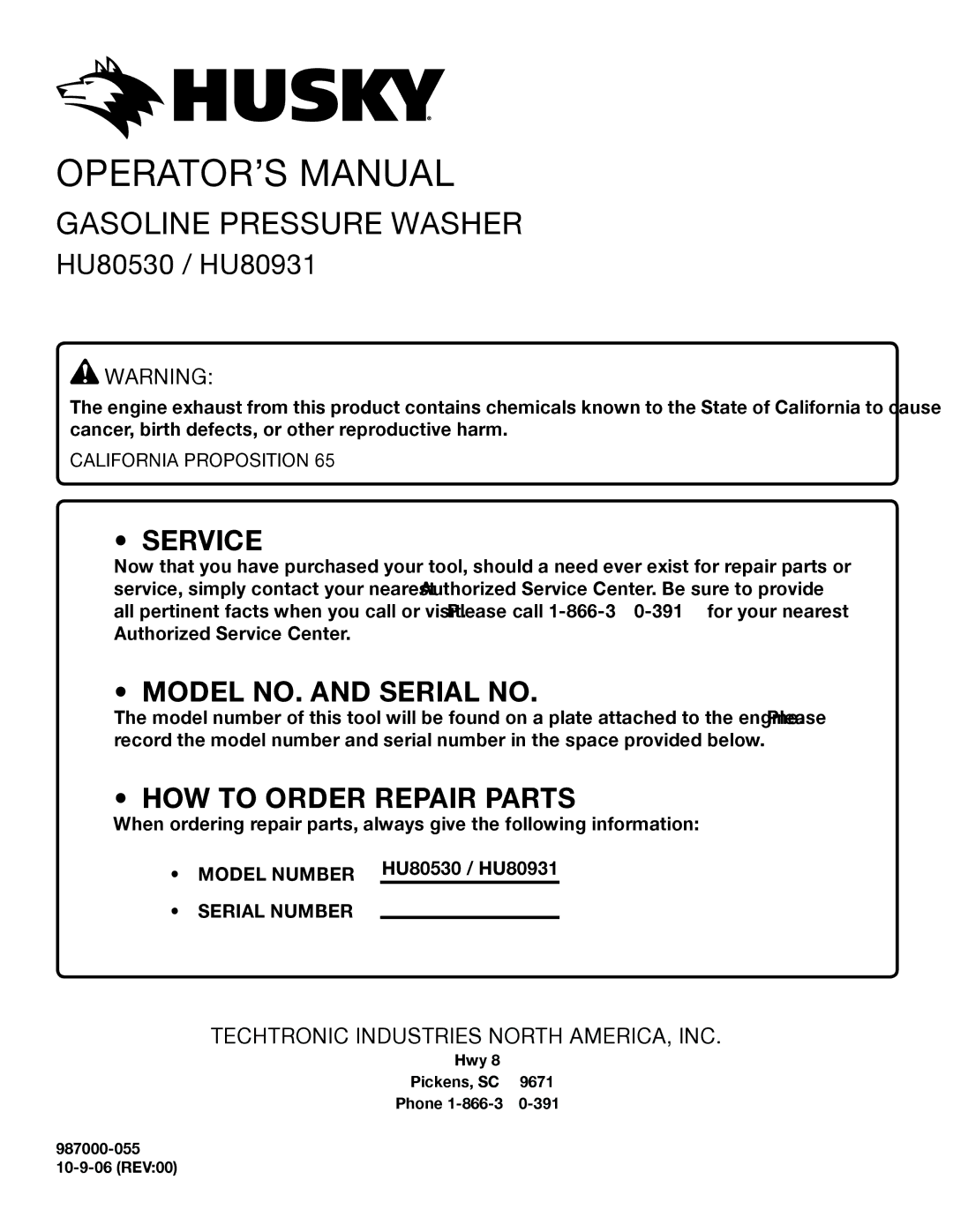 Briggs & Stratton HU80931, HU80530 manual Service, California Proposition 