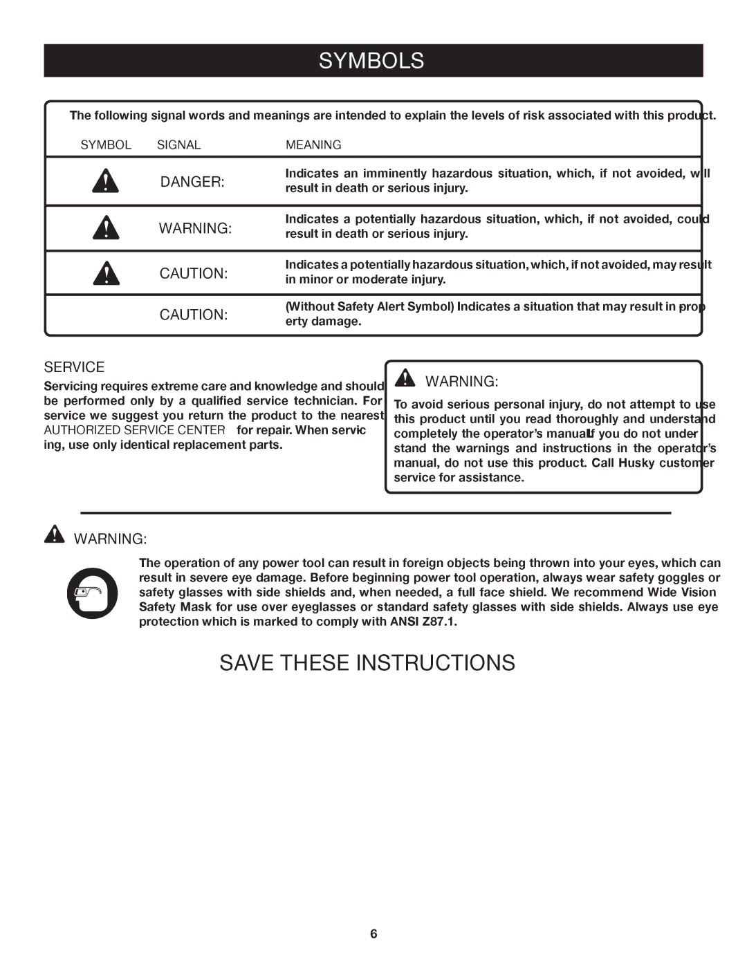 Briggs & Stratton HU80931, HU80530 manual Symbol Signal Meaning, Authorized Service Center for repair. When servic 