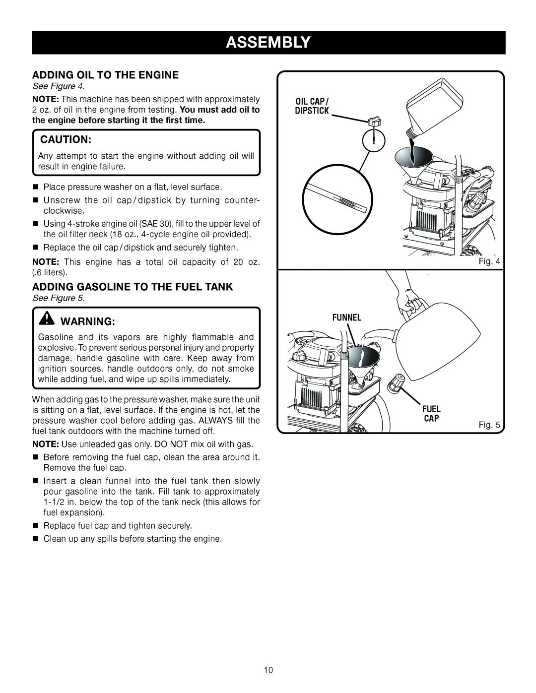 Briggs & Stratton HU80931 Adding Oil To The Engine, Adding Gasoline To The Fuel Tank, Assembly, See Figure, Funnel Fuel 