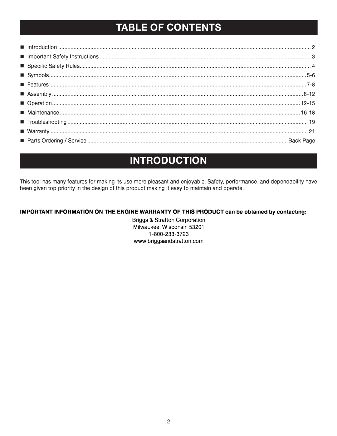 Briggs & Stratton HU80931, HU80530 manual Introduction, Table Of Contents 
