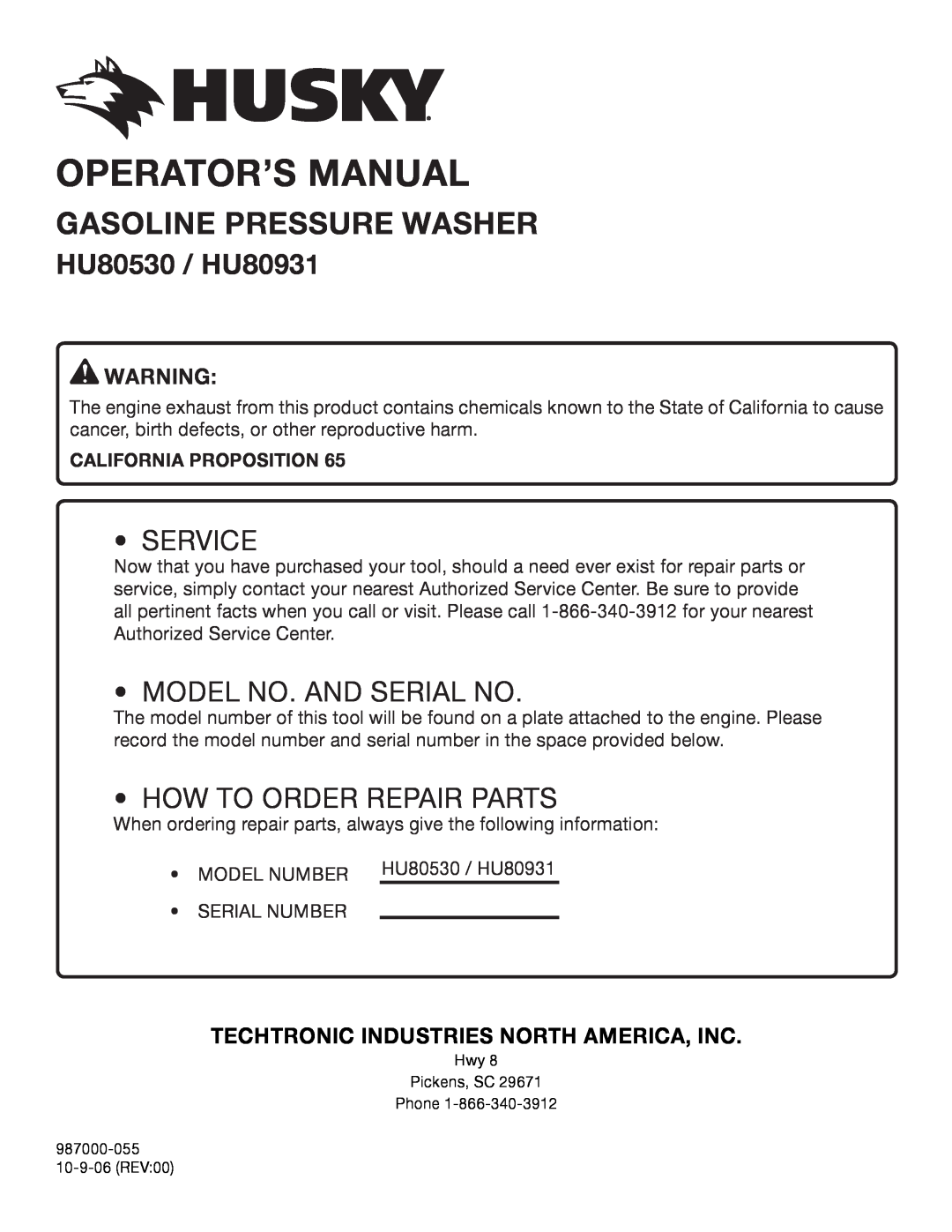 Briggs & Stratton manual California Proposition, Operator’S Manual, Gasoline Pressure Washer, HU80530 / HU80931, Service 
