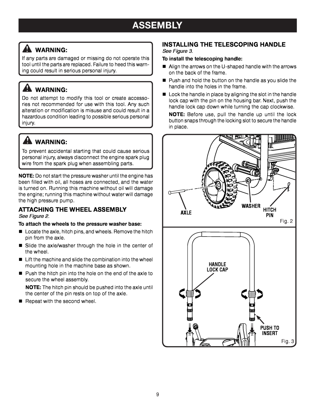 Briggs & Stratton HU80530, HU80931 manual Attaching The Wheel Assembly, Installing The Telescoping Handle, See Figure, Axle 