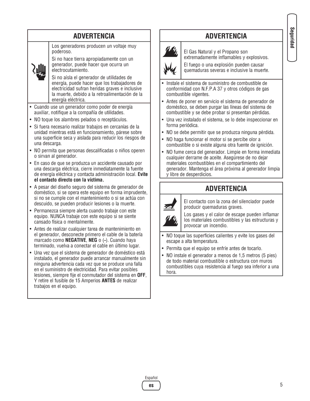 Briggs & Stratton Liquid-Cooled Home Generator System system manual Advertencia 