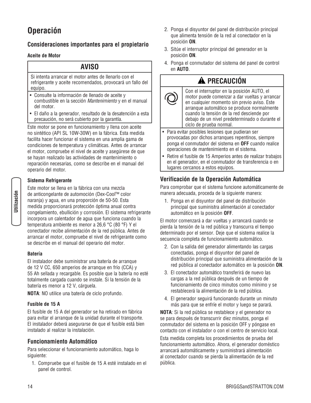 Briggs & Stratton Liquid-Cooled Home Generator System system manual Operación, Funcionamiento Automático 