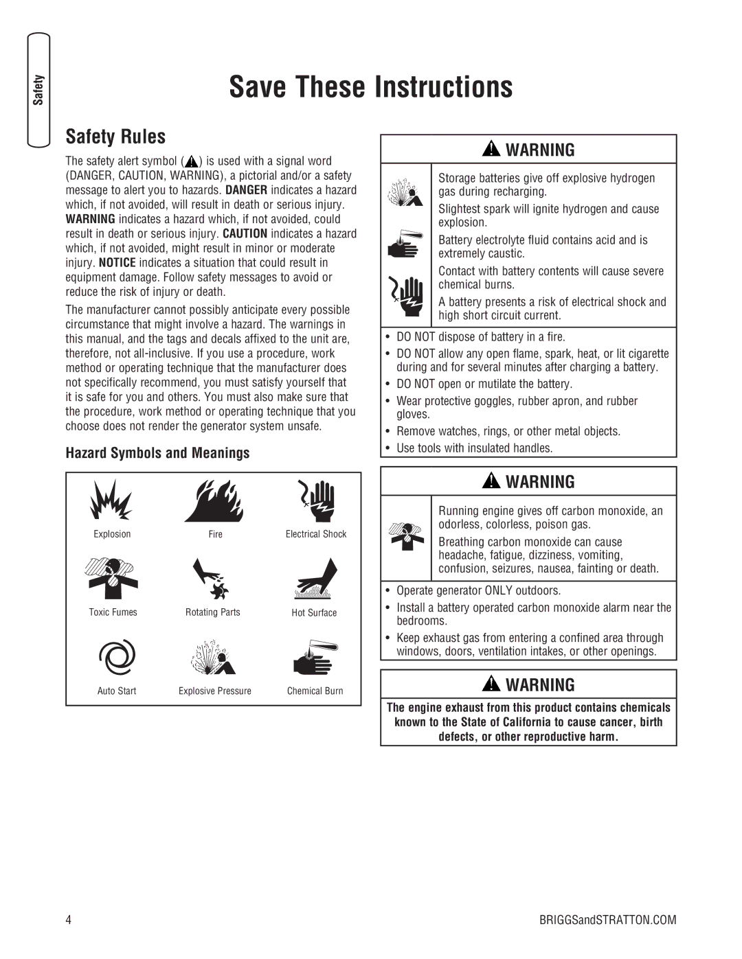 Briggs & Stratton Liquid-Cooled Home Generator System system manual Safety Rules, Hazard Symbols and Meanings 