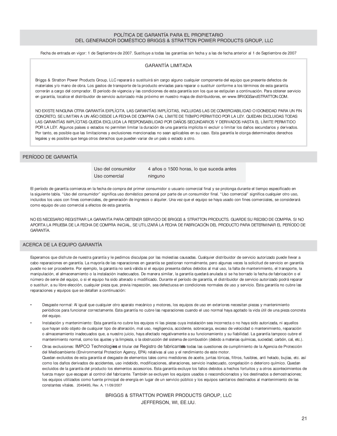 Briggs & Stratton Liquid-Cooled Home Generator System system manual Garantía Limitada 