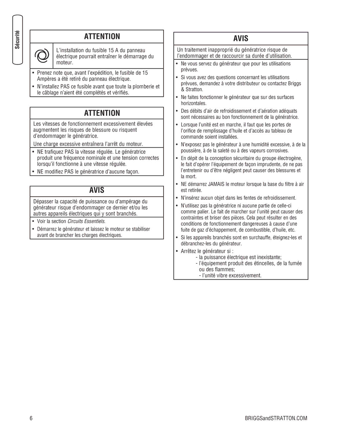 Briggs & Stratton Liquid-Cooled Home Generator System system manual Avis 