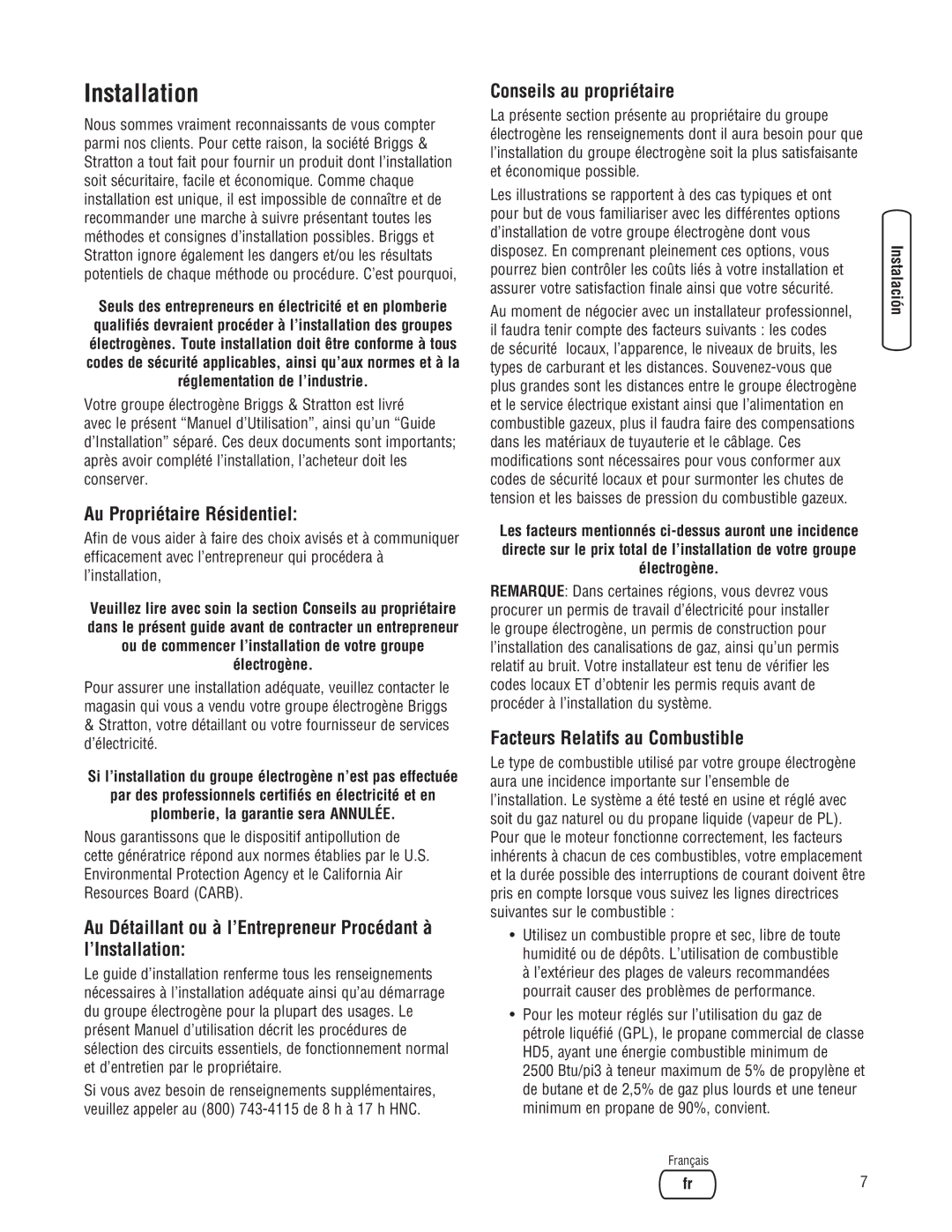 Briggs & Stratton Liquid-Cooled Home Generator System system manual Au Propriétaire Résidentiel, Conseils au propriétaire 