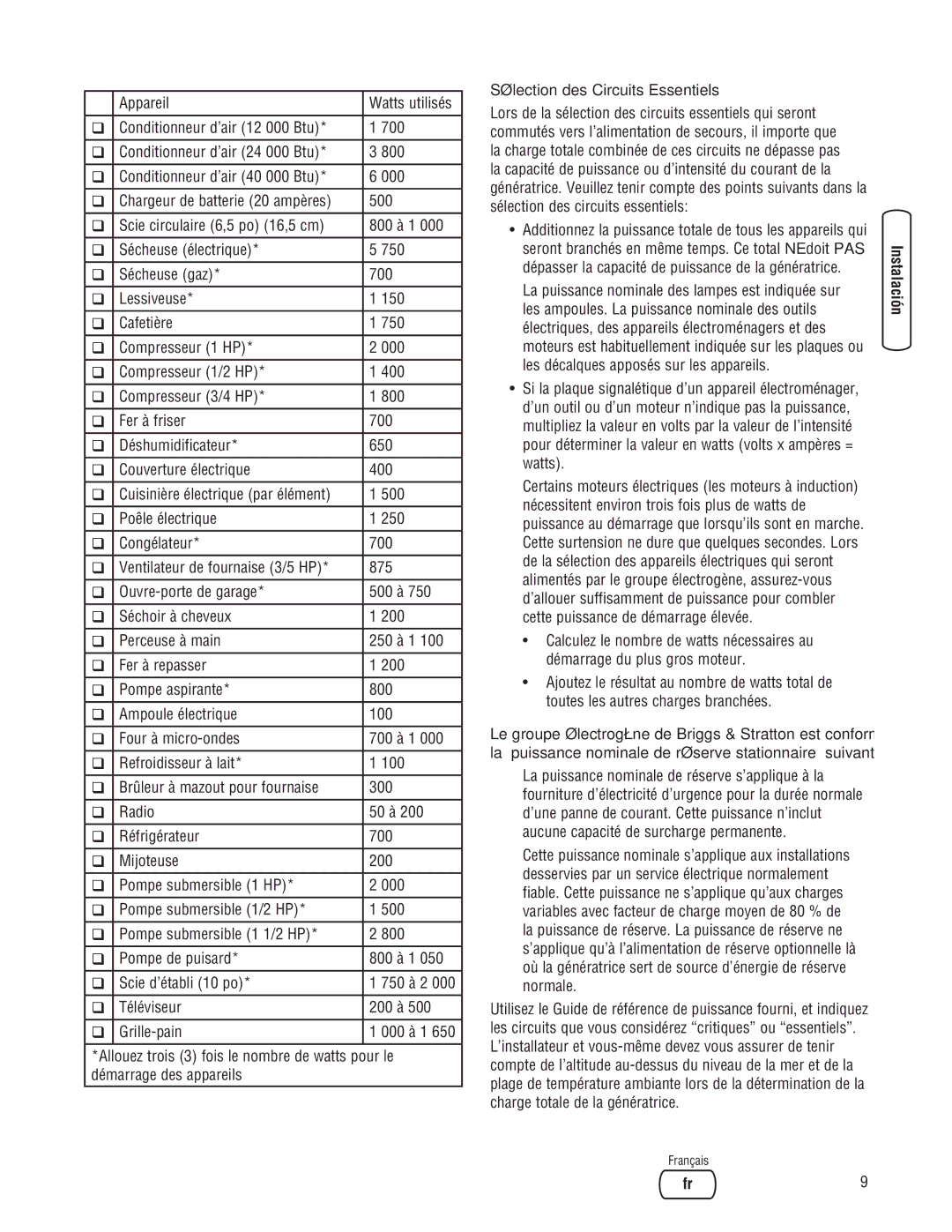 Briggs & Stratton Liquid-Cooled Home Generator System system manual Sélection des Circuits Essentiels 