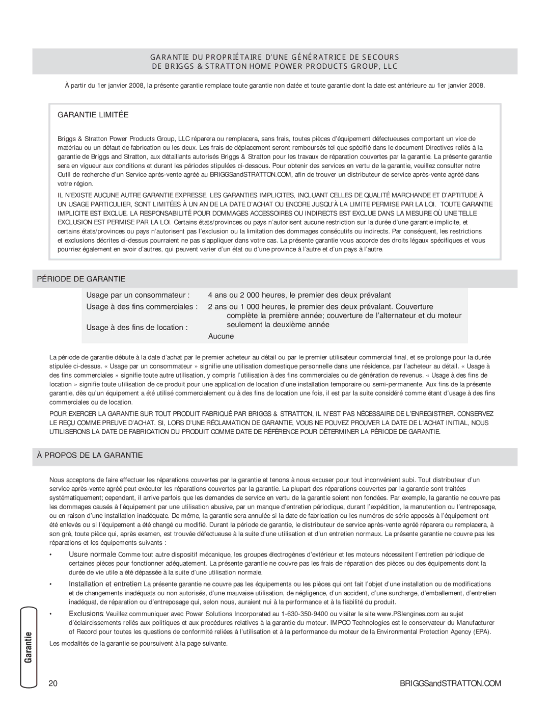 Briggs & Stratton Liquid-Cooled Home Generator System system manual Sécurité Instalación Commandes, Garantie Limitée 