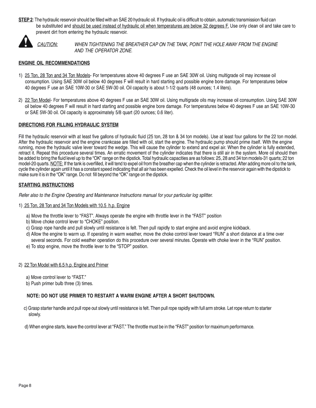 Briggs & Stratton LS401213 Engine OIL Recommendations, Directions for Filling Hydraulic System, Starting Instructions 