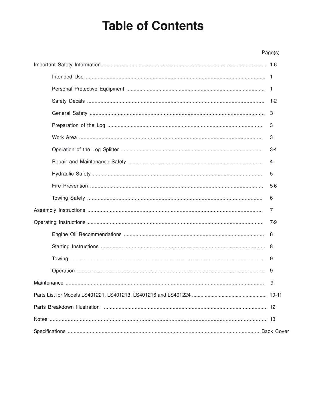 Briggs & Stratton LS401221, LS401216, LS401213, LS401224 owner manual Table of Contents 