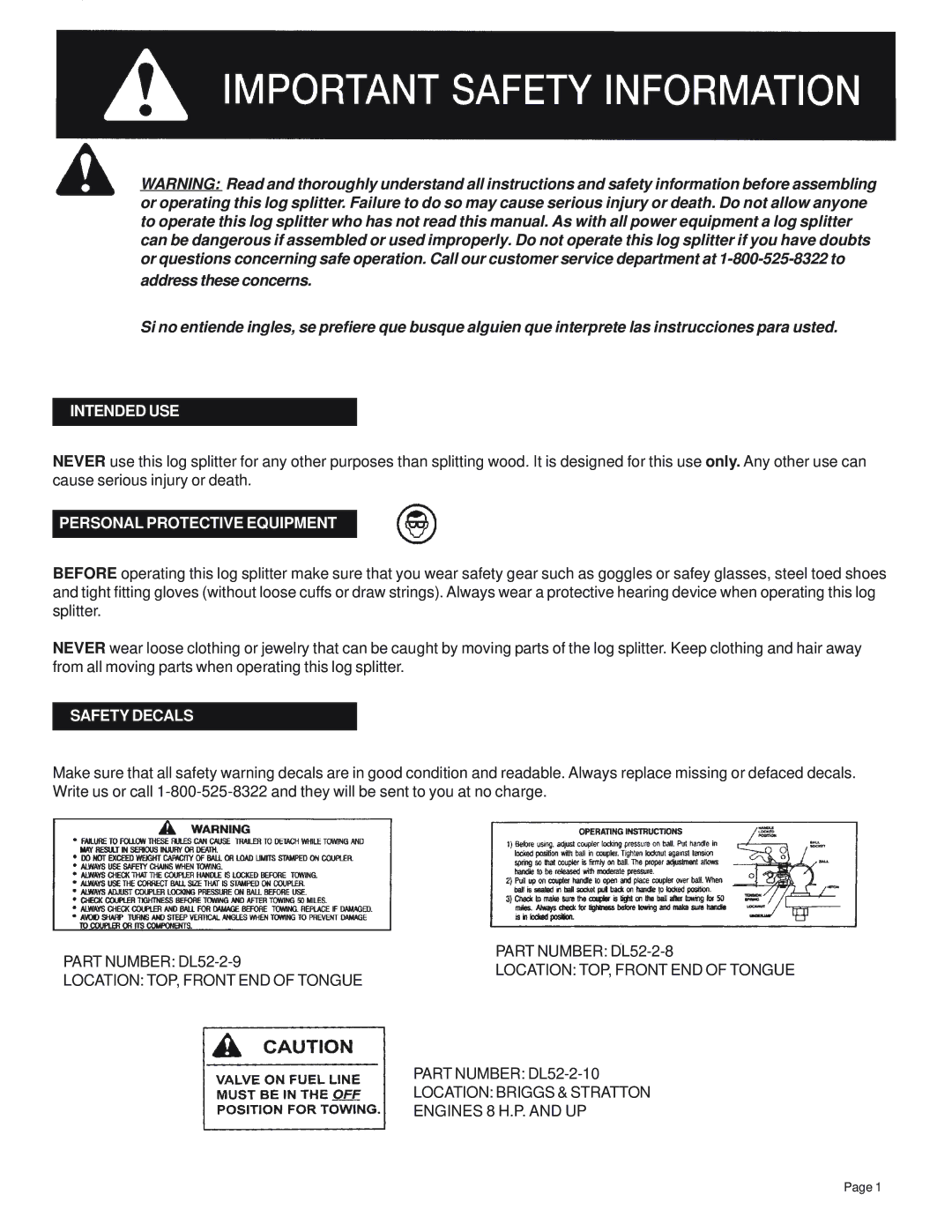 Briggs & Stratton LS401221, LS401216, LS401213, LS401224 Intended USE, Personal Protective Equipment, Safety Decals 