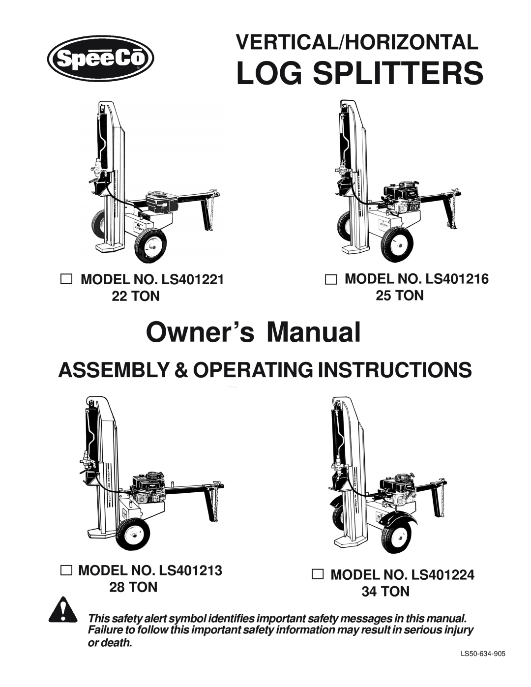 Briggs & Stratton LS401224 owner manual Vertical/Horizontal, Assembly & Operating Instructions, Log Splitters, 28 TON 