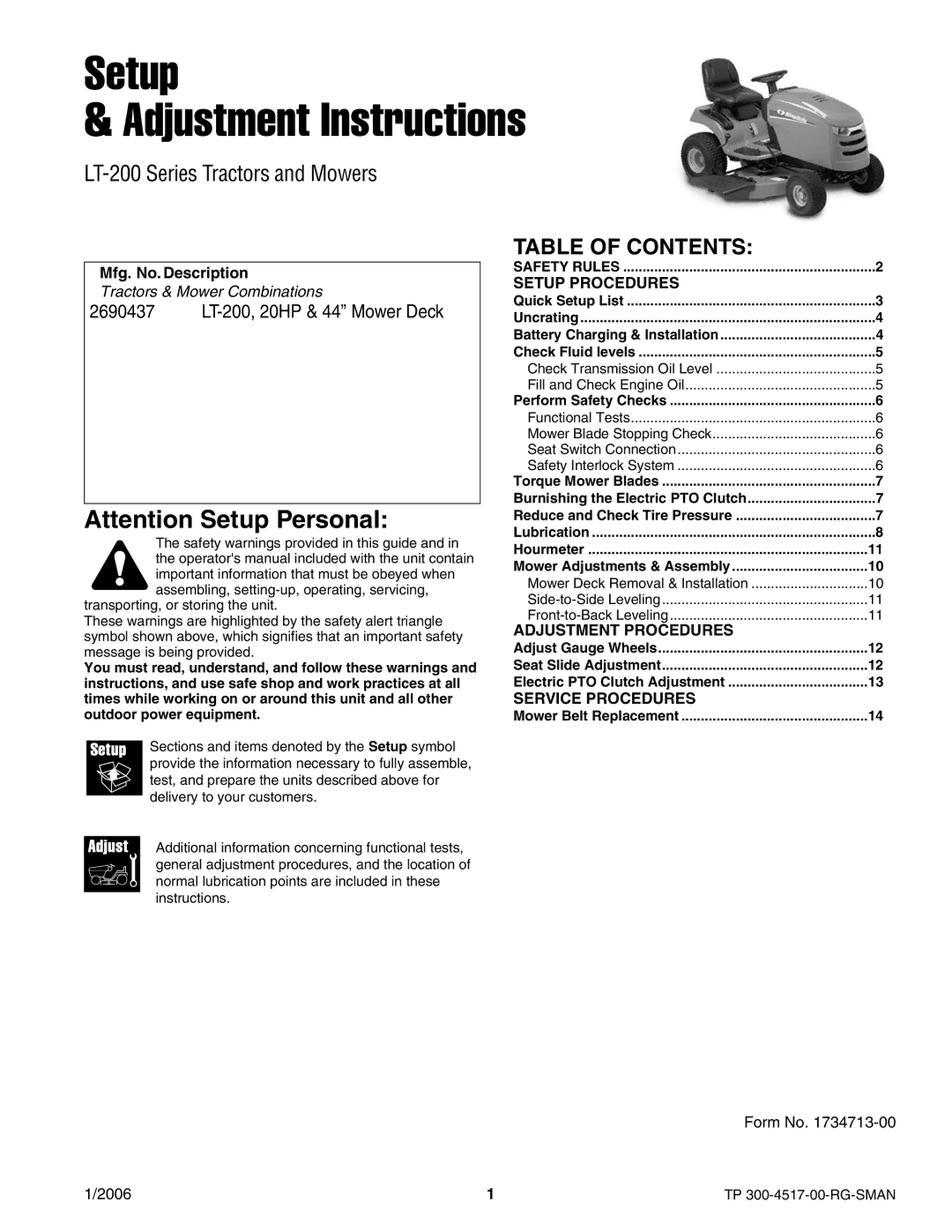 Briggs & Stratton LT-200 manual Setup Adjustment Instructions 